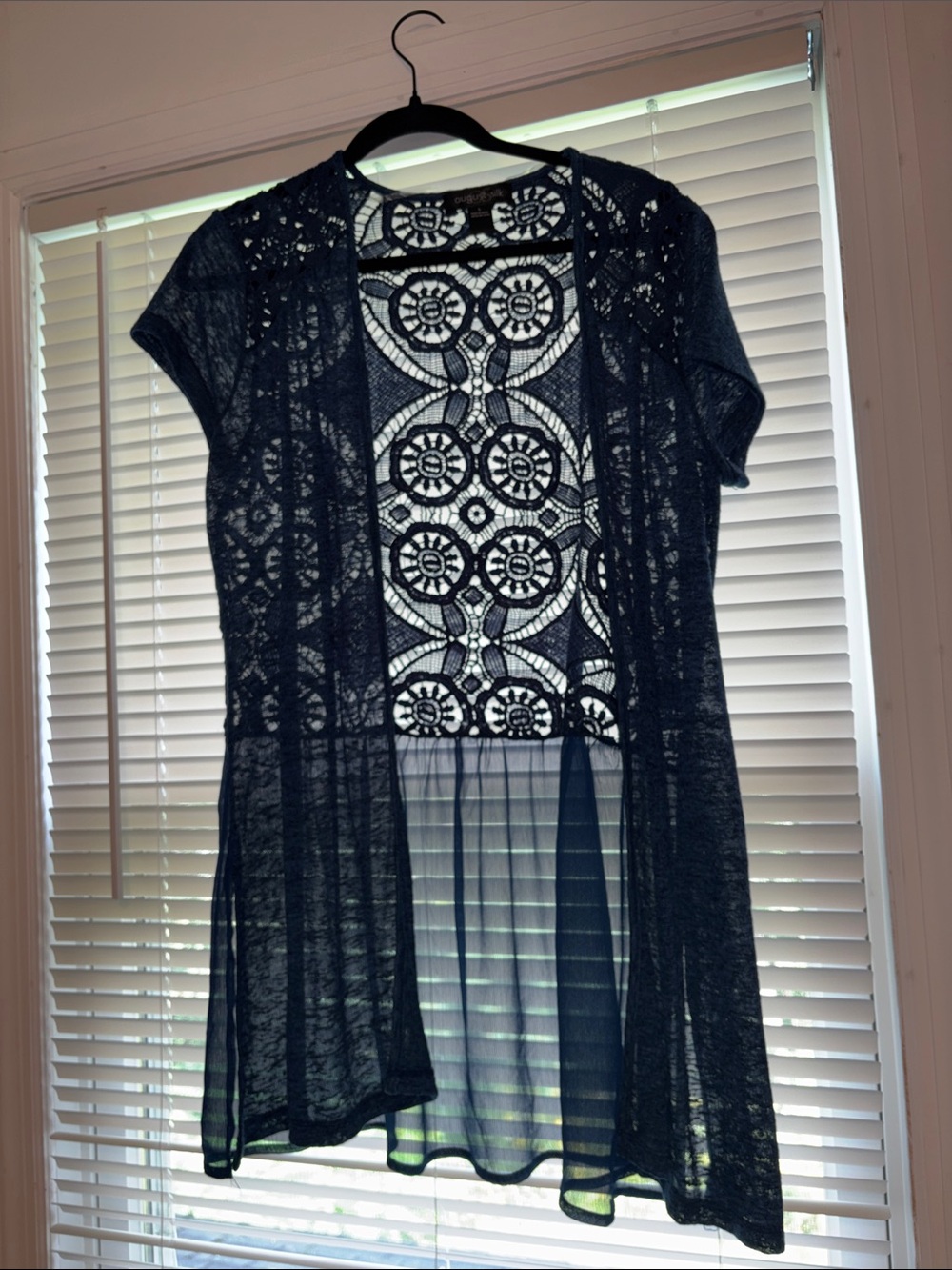 august silk Navy Short Sleeve Lace-Back Open Cardigan